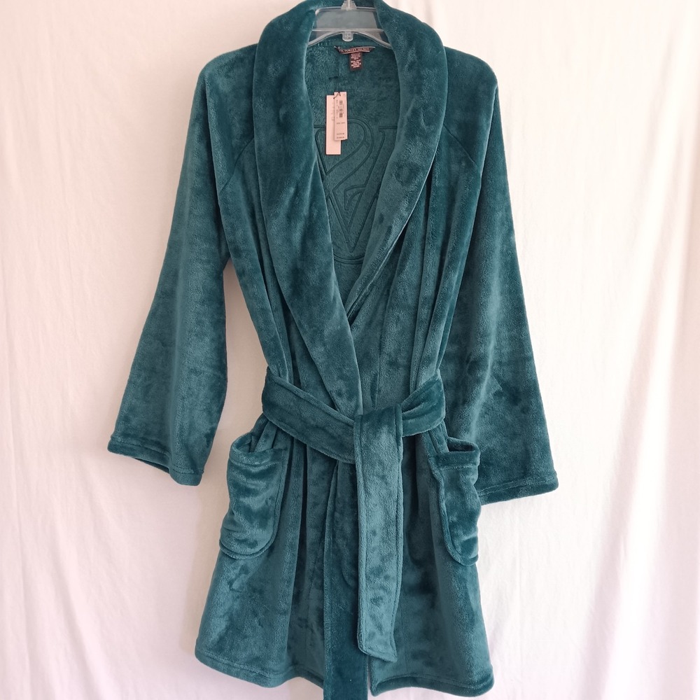 Victoria's Secret Robe Womens XS Teal Green NWT Plush Velour Logo Short Belted